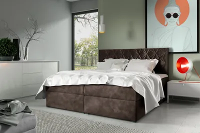 Produktbild von Boxspring Bett mit gestepptem Kopfteil EUGENA – 160x200, braun 1 + ER Topper