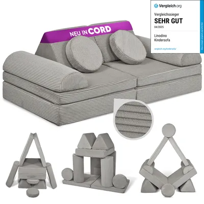 Produktbild von Linodino Spielsofa Cord - Kindersofa | Kinder Couch als Kuschelecke und Fantasiewelt | Kinder Sofa aus Schaumstoff Bausteinen I Elefanten Grau