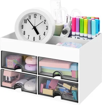 Image de Organisateur de bureau Unyqoos® : 21 x 14 x 12 cm – 3 compartiments et 4 tiroirs transparents, porte-stylos, multifonctionnel, blanc