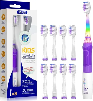 Produktbild von Elektrische Kinderzahnbürste 3-12 Jahre LED Licht Smart Timer 24000 VPM IPX7 Schallzahnbürste 8 Bürstenköpfe weiche Borsten Batteriebetrieben