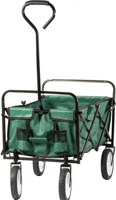 A green and black collapsible wagon with white wheels, shown from the front.