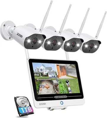 A set of security cameras and a monitor are displayed against a white background.