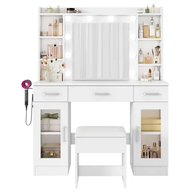 Immagine prodotto di AIORBER Tavolo da trucco con specchio e 10 lampadine, tavolino da toeletta con sgabello, tavolino da trucco con cassetti, tavolo da trucco Hollywood con spazio contenitivo Bianco