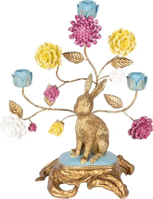 Produktbild von Clayre & Eef Kerzenständer 30x16x37 cm Goldfarbig Kunststoff Kaninchen Blumen