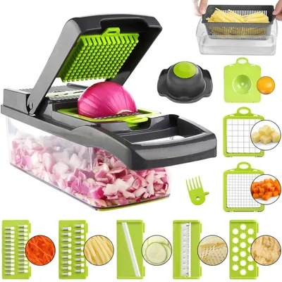 Produktbild von Multifunktionaler Gemüseschneider mit Handschutz, einstellbare Edelstahl-Klingen für Obst und Gemüse – Grau