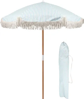 Produktbild von Gartensonnenschirm aus Holz mit Quastenfransen, tragbarer, freistehender Sonnenschirm mit Tragetasche – 1,4 m – pastellblau gestreift