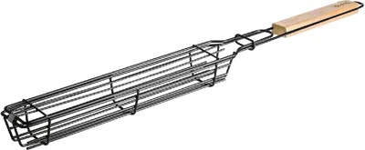 A close-up shot of a kebab grill basket with a wooden handle against a white background.