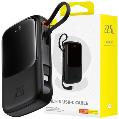Produktbild von Powerbank Baseus Qpow Pro+ 10000Mah 22.5W Mit Integriertem Usb-C Kabel Und Display - Schwarz