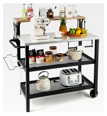 Produktbild von Grillwagen mit klappbarem Tisch, Grilltisch mit Haken, Handtuchhalter, Müllbeutelhalter & 2 Ablagen, Outdoor Servierwagen, Pizzaofenständer, Rollwagen