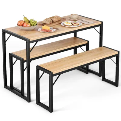 Produktbild von HOKEEPER Esstisch Set mit 2 Bänken, Platzsparende Sitzgruppe für Küche, Esszimmer & Restaurant, Industrial Tischgruppe mit Stahlrahmen,Hellbraun
