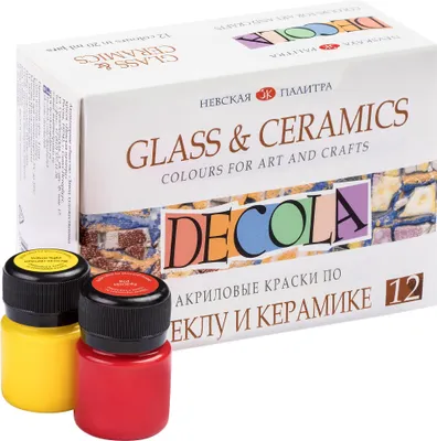 A box of Decola Glass & Ceramics paints with two bottles of paint in the foreground.