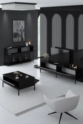 Produktbild von Skye Decor, Lord - Black, Wohnzimmermöbel-Set, 100 % MELAMINBESCHICHTETE SPANPLATTEN, Schwarz, 180 x 30 x 47 cm