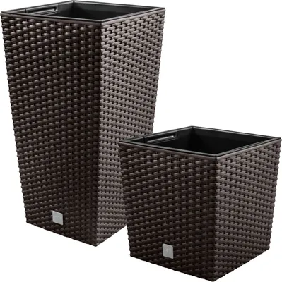 Two brown rattan-look planters, one tall and narrow, the other short and square, are shown against a white background.