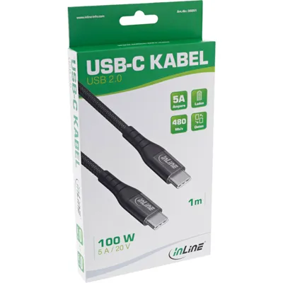 Produktbild von InLine USB 2.0 Kabel, USB-C Stecker/Stecker Schnellladekabel 100W, 2m, 2 m, USB C, USB C, USB 2.0, 0,48 Gbit/s, Schwarz