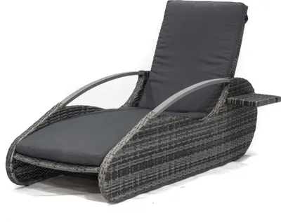A gray wicker lounger with dark gray cushions, shown against a white background.