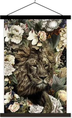 Produktbild von MuchoWow® Textilposter Löwe - Blumen - Farben 40x60 cm mit schwarzem Rahmen - Wanddekorationen
