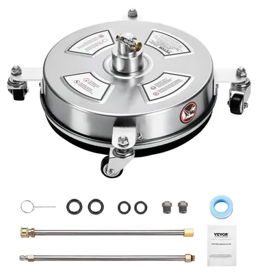 Produktbild von VEVOR 15" Hochdruckreiniger Flächenreiniger, Edelstahl Hochdruckreiniger Aufsätze mit 4 Rädern, 4000 Max PSI, 1/4 Schnellanschluss, 2 Sprühdüsen, 2 Verlängerungsrohre für Beton, Terrasse, Deck, Edelstahl-a, 35.6 cm