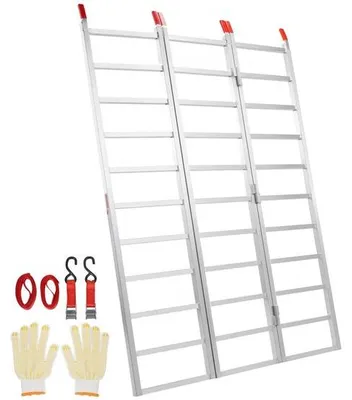 Imagen del producto de Rampa de carga de aluminio – Placa de carga – Plegable en tres partes – Capacidad de carga: 700 kg – Correas de sujeción, antideslizante – Para motocicletas, ATV/UTV – Dimensiones: 195,6 x 137,9 x 3,8 cm – Color: plateado