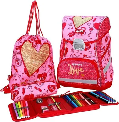 Produktbild von SCOOLSTAR Herz Schulranzen Set 4 tlg.Mädchen 1 Klasse Tornister Schulrucksack Schultasche für Grundschule super leicht ergonomisch und anatomisch