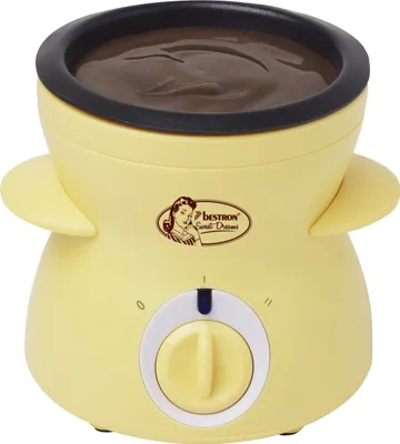 Image de Fondue au chocolat Bestron pour 2 personnes, mini-set à fondue au chocolat, avec 10 brochettes, 10 fourchettes et 1 spatule, 25 watts, jaune