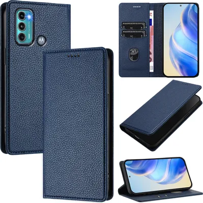 Produktbild von Litchi Leder Handyhülle für Motorola Moto G60/Moto G40 Fusion Wallet Kartenfächer Standfunktion Hülle Blau