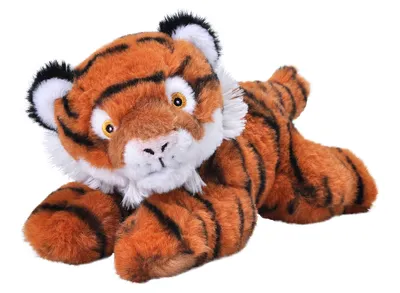 A plush toy tiger lying down on a white background.