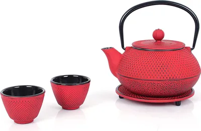 Produktbild von Echtwerk Teeservice Gusseisen Teekanne 1,1 L Teebereiter inkl. Untersetzer 2 Teetassen Teekannen-Set Vintage-Design, Farbe: Rot