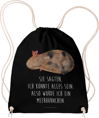 Produktbild von Mr. & Mrs. Panda Turnbeutel Einhorn Meerschweinchen - Schwarz - Geschenk, sporttasche klein, Einhörner, wander rucksack, Stoffrucksack, Baumwolltasche, Meerschwein