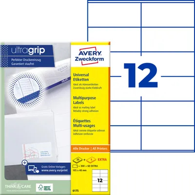 Produktbild von Avery Zweckform 6175, Universal-Etiketten, A4, Qualitätsdruck mit: ultragrip, 105 x 48 mm, 360 Etiketten / 30 Bögen, weiß