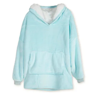 A light blue fleece hoodie with sleeves and a large front pocket, shown laid flat against a white background.
