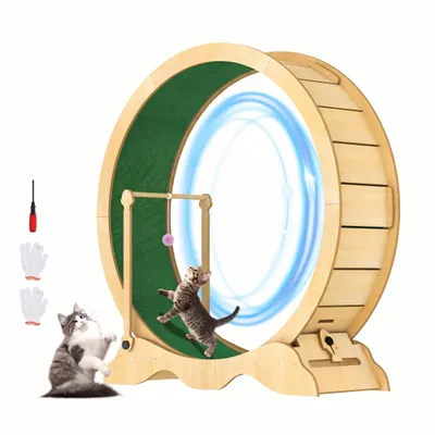 Produktbild von Leises Katzenlaufrad für Wohnungskatzen 115 cm, Extra  Breite 37 cm Lauffläche aus Holzwerkstoff, für Katzen bis 20 kg, mit Katzenspielzeugball, Natur