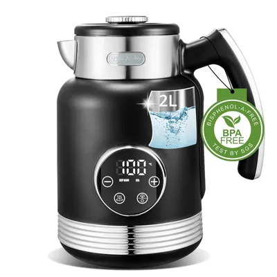 A black electric kettle with a digital display and a BPA-free certification tag.