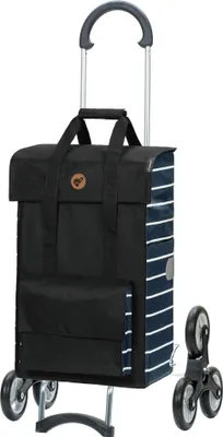A shopping trolley with a black bag and blue and white striped sides, shown against a white background.