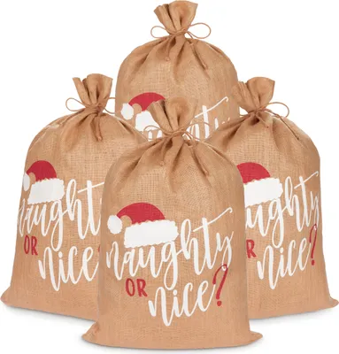 Immagine prodotto di Sacco di Natale BRUBAKER Birichino o simpatico - sacco regalo di Natale da 80 cm - sacco di iuta per Babbo Natale, 4 pezzi
