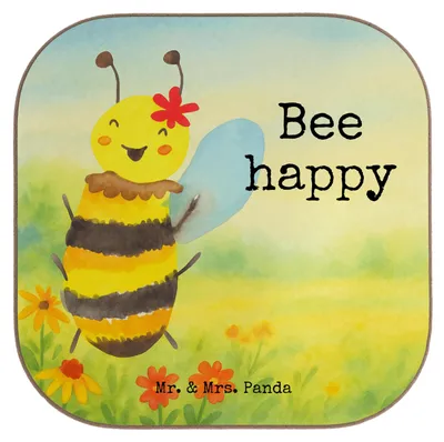 Produktbild von Mr. & Mrs. Panda Tischuntersetzer Biene Happy Design - Weiß - Geschenk, Coaster, gläseruntersetzer, Untersetzer Glas, Tassenuntersetzer, Gläser