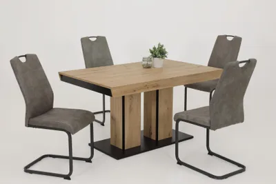 Produktbild von Hela Tische, 5tlg. ESSGRUPPE Agnes, Säulentisch Ausziehbar, Nachbildung Artisaneiche, Schwingstuhl Grau mit Griff, Vierkantrohr Gestell, 140kg belastbar