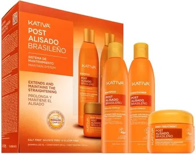 Produktbild von Kativa Haarglättungsset, 2 x 225 ml + 150 ml, mit pflanzlichem Keratin und Hyaluronsäure, Keraliss Complex, für geschädigtes Haar, salz-, sulfat- und glutenfrei
