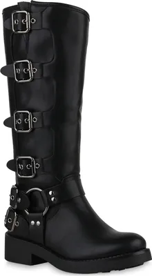Produktbild von VAN HILL Damen Leicht Gefütterte Bikerstiefel Schnallen Nieten Schuhe 840848, Farbe: Schwarz, Größe: 36