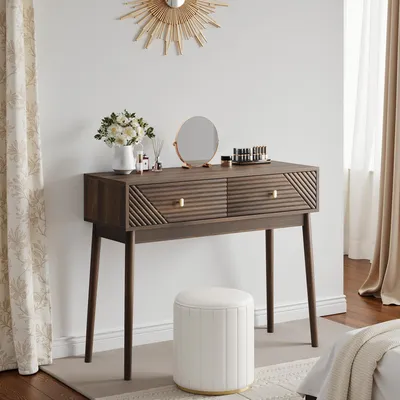 Produktbild von STILVORA Schreibtisch mit Schubladen, Konsolentisch im Retro-Design mit offenen Ablageflächen, Sofatisch für Wohnzimmer Foyer Flur in Walnuss