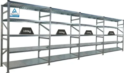 Produktbild von Fachbodenregal PROXIMO mit  Stecksystem | Komplettregal | HxBxT 200x600x70cm | 5 Ebenen | Fachlast 130 kg | Beidseitig nutzbar | Verzinkt