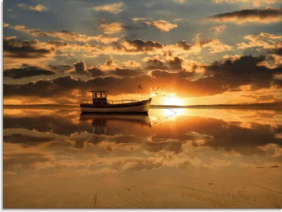 Produktbild von ARTland Glasbild Das Fischerboot im Sonnenuntergang Größe: 80x60 cm