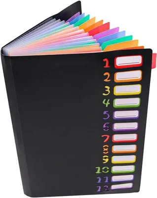 Zdjęcie produktu dla Plastikowa teczka harmonijkowa z 12 przegrodami, czarna, do biura i szkoły