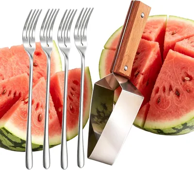 Produktbild von Wassermelonenschneider aus Edelstahl mit Dreiecksklinge und Obstgabeln