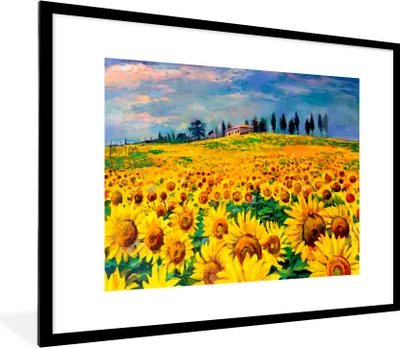 Produktbild von MuchoWow® Gerahmtes Poster Ölfarbe - Gemälde - Blumen - Sonnenblume 80x60 cm - Poster mit Schwarzem Bilderrahmen Wandposter Rahmen Foto Bilder - Schlafzimmer-Dekorationen - Fotoposter