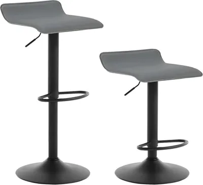 Two gray bar stools with black bases and stems are shown against a white background.
