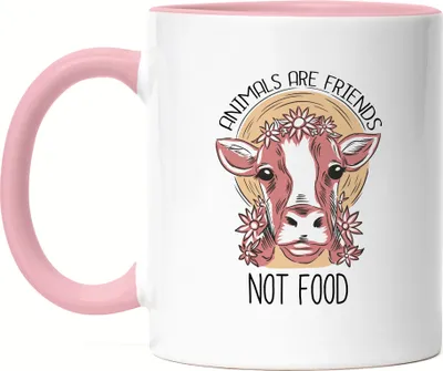 Produktbild von Animals Are Friends Not Food Tasse Rosa Vegan Vegetarier Motiv Süße Kuh Geschenkidee Tierwohl Tierleid