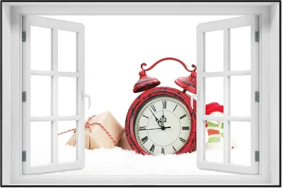 Produktbild von Wallario Wandbild mit Fenster-Illusion: Wecker mit Schneemann und Geschenken, Größe: 61 x 91,5 cm, Poster mit schwarzem Aluminiumrahmen