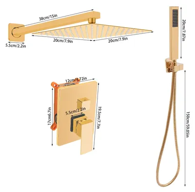 Produktbild von Unterputz-Duschset - Wandmontiertes Duschsystem - 20-cm-Regenduschkopf - Um 360° drehbar - 1,5-m-Handbrauseschlauch - Edelstahl - Gold