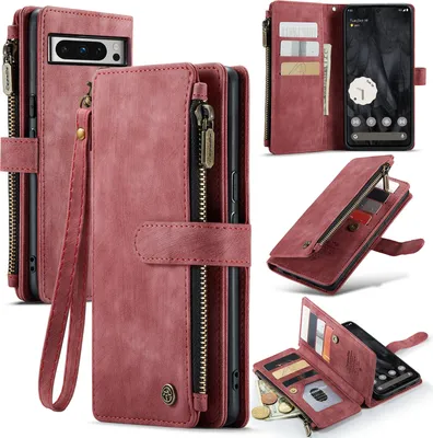 Image de Google Pixel 8 Pro Housse, clapet en cuir zip stand fonction de protection pour Google Pixel 8 Pro Rouge