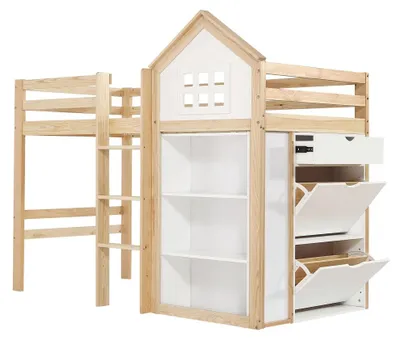 Image de Lit superposé pour enfants - Lit superposé 90 x 200 cm - Espace de rangement - Tiroirs - Escalier stable - Barrière de sécurité - Blanc/Bois naturel